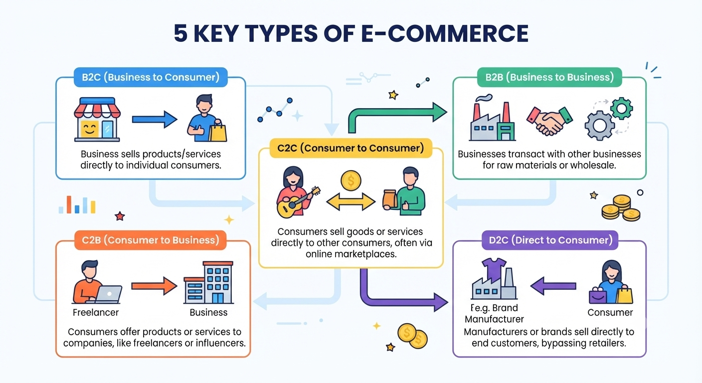 types of e-commerce diagram - b2c b2b c2c c2b d2c explained with icons