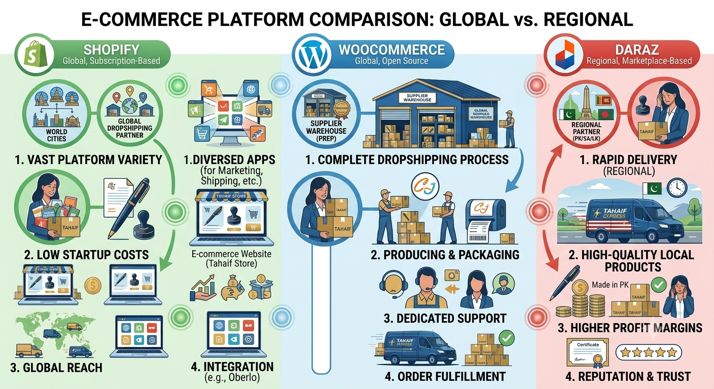 dropshipping platforms comparison - shopify woocommerce daraz
