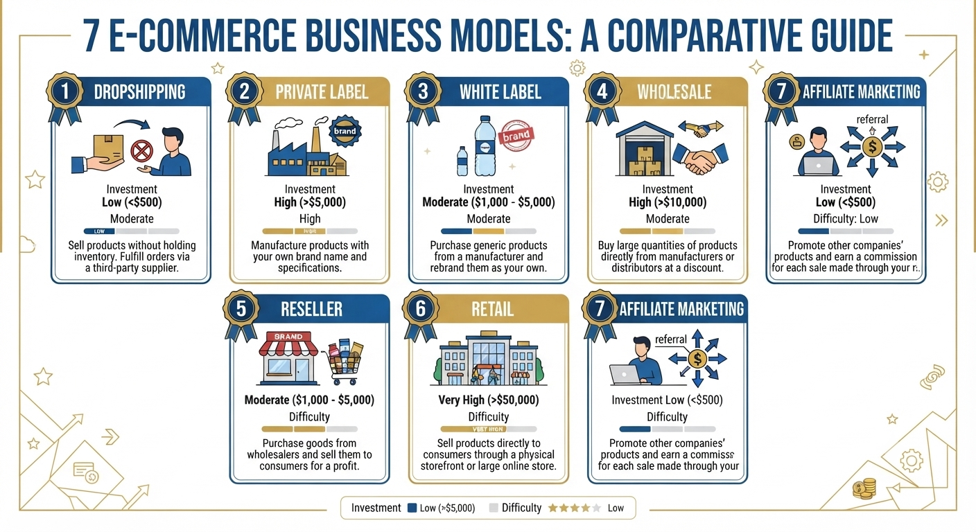 e-commerce business models comparison - dropshipping private label wholesale reseller retail affiliate
