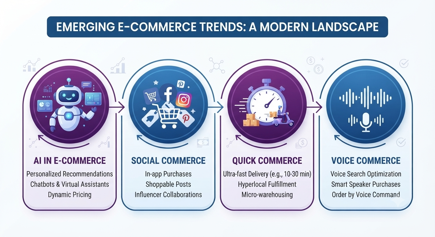 e-commerce emerging trends 2026 - ai social commerce quick commerce voice commerce