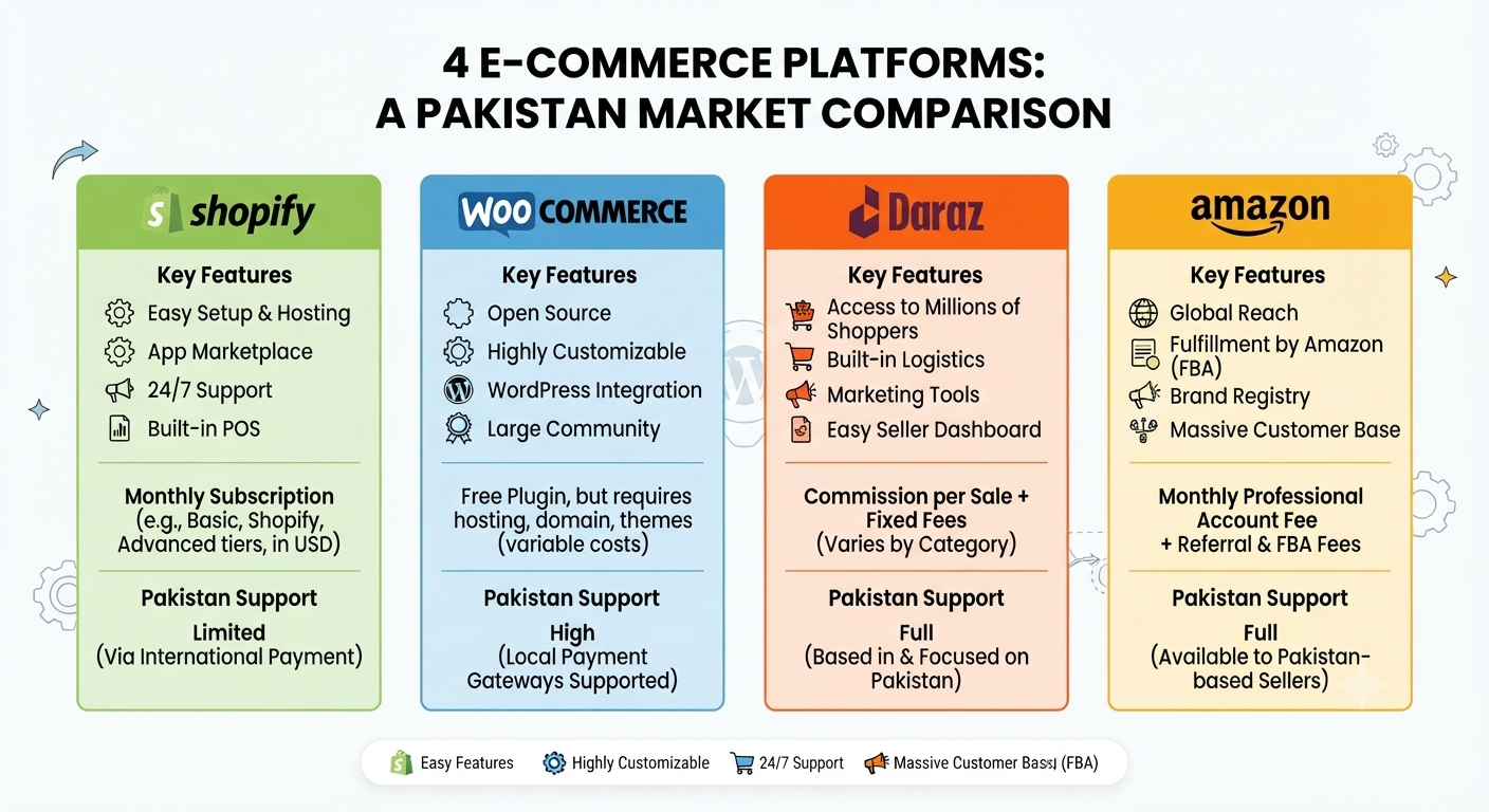 e-commerce platforms comparison - shopify woocommerce daraz amazon features and pricing
