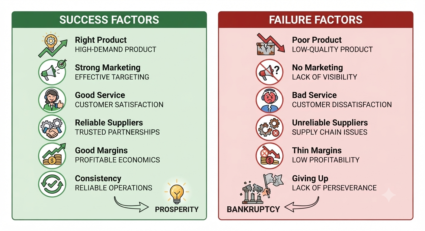 e-commerce success factors vs failure factors - right product strong marketing vs poor product no marketing